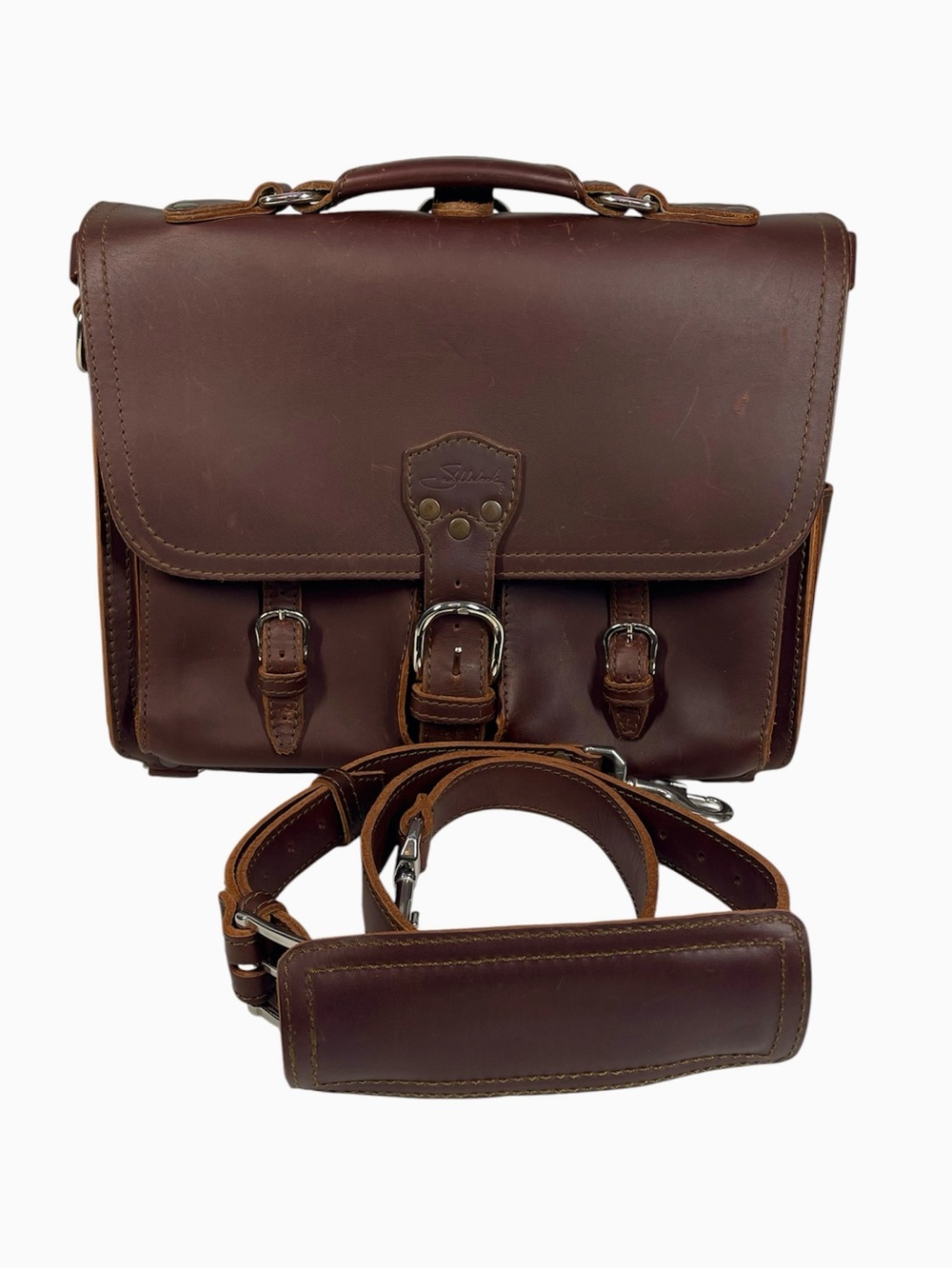 Vintage Script Logo Saddleback Leather Front Pocket Briefcase Bag 15” Brown